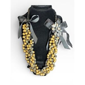 Gunmetal Talbots Gold Faux Pearl Crystal Ribbon Statement Necklace 22"